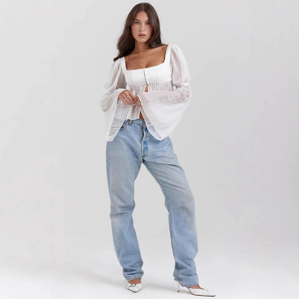 Zara Fall Winter Cropped Flowy Sheer Long Sleeve Royal Square Neck Top